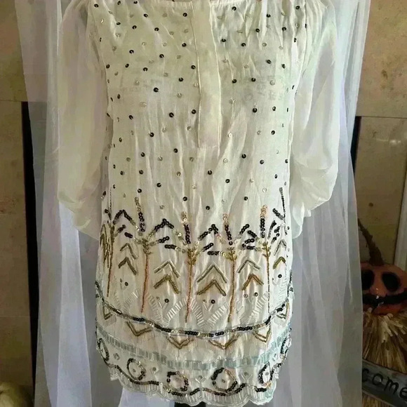 I. Madeline Sequin Embellished Blouse. Small. NWT. White with blue, tan sequins. - Picture 1 of 5